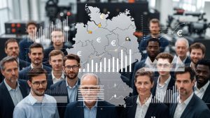 Engineers in technical environment with euro salary charts and Germany map symbolizing 2026 engineering salary comparison.
